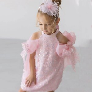 Dreamy Vow Charming White Pink Girl Dress Cold Shoulder Embellished for Kids Party Spring Summer Knee Length Ball Gown J235