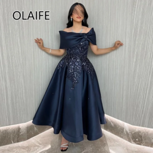 Bridesmaid Boat Collar Satin Saudi Arab Dress Beaded Crystal Backelss Tea-length A-line Evening Gowns فساتين سهرة Customized