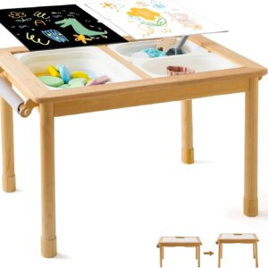 Rubber Wood Montessori Sensory Table for Toddlers, Sand and Water Play with Lid, Paper Roll Holder, 3 Storage Bins, Indoor/Outdo