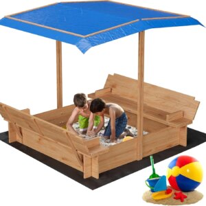 Wooden Sandbox with Lid&Cover, Outdoor Sand Box with 2 Bench Seats, Bottom Liner, Adjustable Height & Rotatable Canopy for Ages