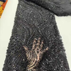 France High-End Luxury Elegant Handmade Beaded Lace Fabric Nigerian With Sequins Beads Mesh Lace Fabric For Wedding Dress