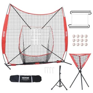 7x7ft Baseball Softball Practice Net Portable Training Net for hitting Catching Pitching Bow Frame Design with Carry Bag 12Balls