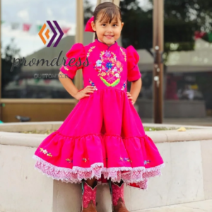 Hot Pink Mexican Flower Girls Dress With Embroidery Folkloric Short Sleeve First Holy Communion Birthday Dress Kid Pageant Party