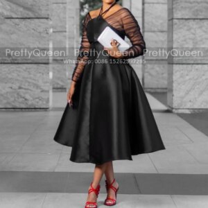 Customized Tea Length Mother of the Bride Dresses Puffy A Line Sheer Long Sleeves Halter Neck Satin Little Black Dress Party