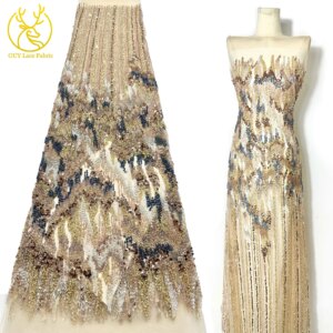 Gold Luxury African Handmade Beaded Lace Fabric 2025 High Quality French Sequins Groom Nigerian Tulle Lace Fabric Party Dresses