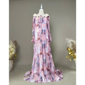 Don&Judy Tie Dye Purple Pleated Chiffon Maternity Photography Dress Elegant Long Sleeve Party Evening Gown Babyshower Photoshoot