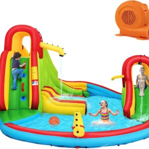 Inflatable Water Slide With 550W Blower, 8 in 1 Water Park Waterslide Inflatables with 2 Slides, 2 Climbing Walls, Water Cannon