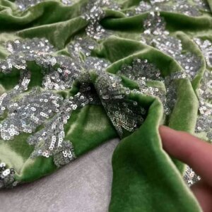 3Meter Green Color Haute Couture Silk Velvet Beaded Fabric