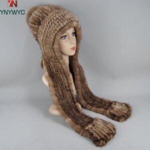 Hot Sale Winter Women Warm Real Mink Fur Hat Good Quality Fashion Genuine Fur Scarf Caps Knitted Natural Mink Fur Hooded Scarf