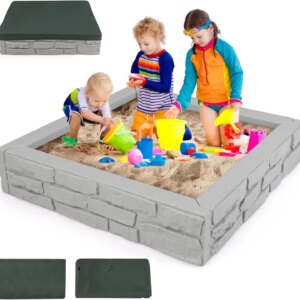 Sandbox with Cover, 47 x 47 Inch Square Sand Pit for Backyard, Bottom Drainage Oxford Liner, HDPE Playful All Weather Resistant