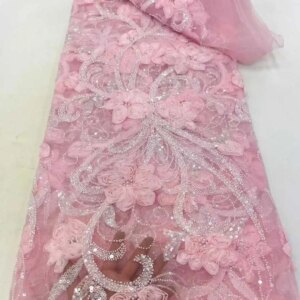 Pink African Lace Fabric 2025 Sequins Beaded Embroidery Groom Nigerian Bridal High Quality French Lace Fabric For Wedding Dress
