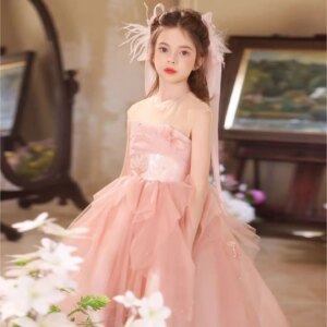 Jill Wish Elegant Pink Beading Flowers Girl Dress with Bow Sequined A-Line Princess Wedding Birthday Party Evening Gown J527