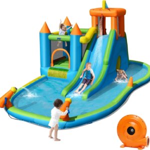 Inflatable Water Slide, Water Slide Bounce House with Ball Pit for Kids Outdoor with 735W Air Blower, Hide&Seek Cave,Splash Pool