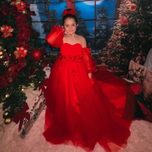 Dreamy Vow Floral Red Girl Dress Princess Ball Gown with Long Sleeves for Holiday Birthday Party Flower Girl Dress J274