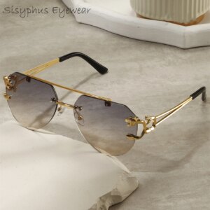 New European and American Retro Leopard Temple Gradient Sunglasses Frameless Edge-Cut Double-Beam Driving Sunglasses