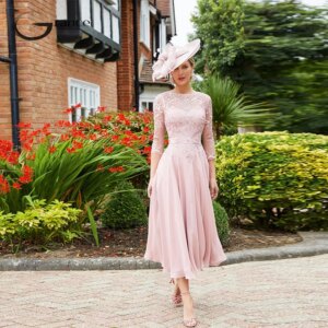 Customized Three Quarter Pink Vestidos Elegantes De Mujer with Lace Scoop Robe Mere De La Mariée Summer New Lace Zipper Back