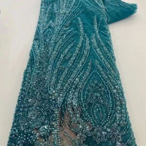 Navy Blue Beads Lace African Sequins Luxury Laces On Sale 5 Yards Sequence Tulle Lace Nigeria French Fabric For Sewing KB3630