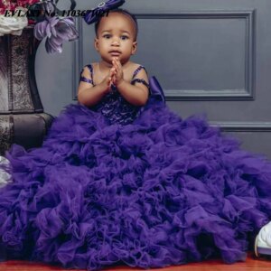 EVLAST Customized Purple Flower Girl Dress For Weddings Shiny Crystal Beaded Little Girls Pageant First Communion Gowns FD27