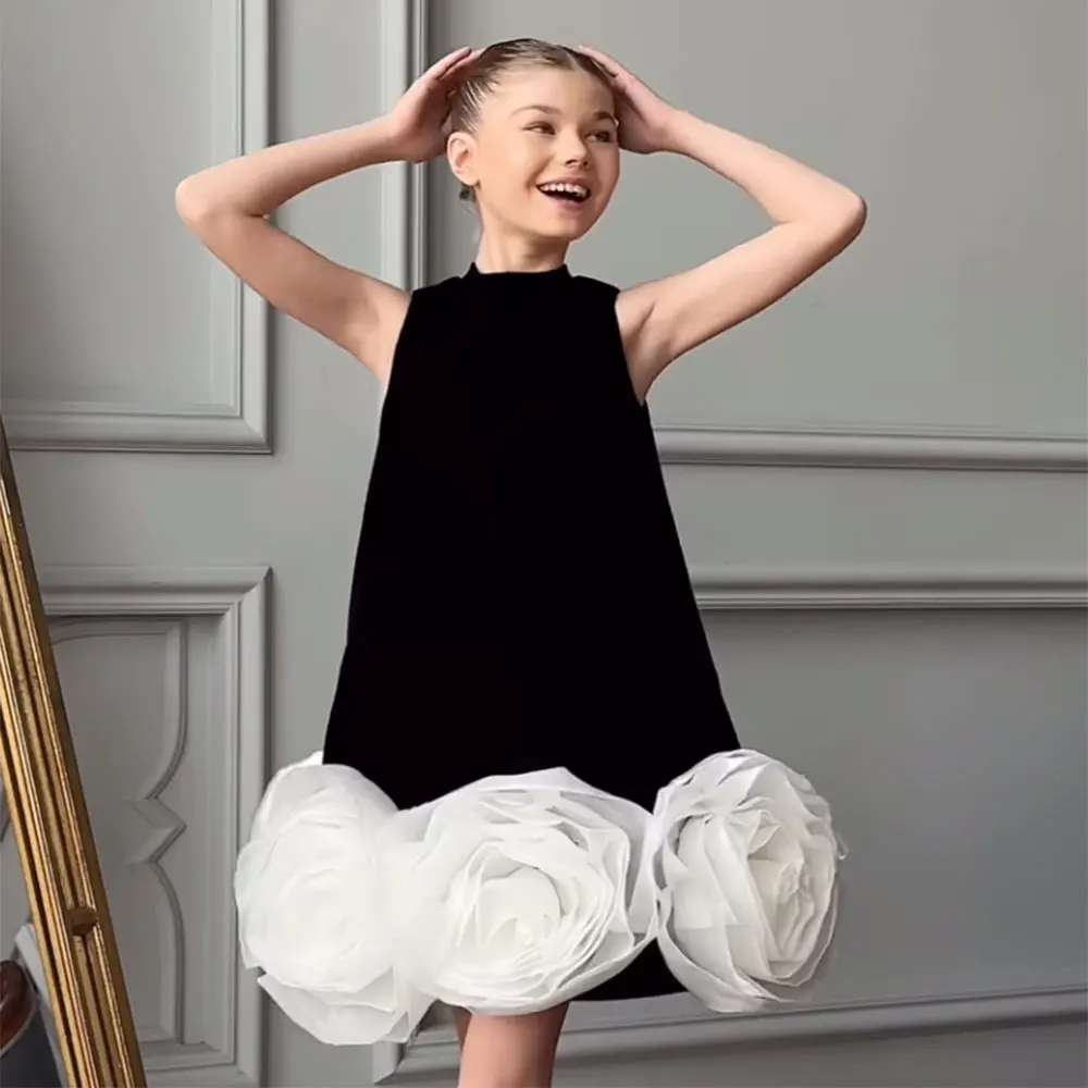 Dreamy Vow Elegant Arabic White Black Girl Dress Handmade Flowers Dubai Baby Kids Princess Birthday Wedding Party Gown 2025 J180