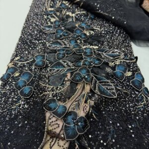 3d Flowers Beaded Lace Fabric Luxury Dubai Sequins Embroidery Fabric for Wedding Dress Lace Sewing Material Tulle Mesh Fabric