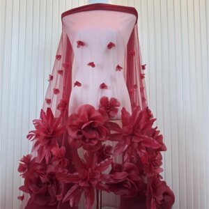 African Luxury Fabric 5 Yards 3d Flower Fabric High Quality African Lace Fabric Red Embroidered Lace Fabric For Evening A1072-1