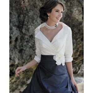 STEVDITG Bride Mother’s Dresses Half Sleeves Top Skirt Neck Flowers Floor Length Floor Length Black and White Women Prom Gowns