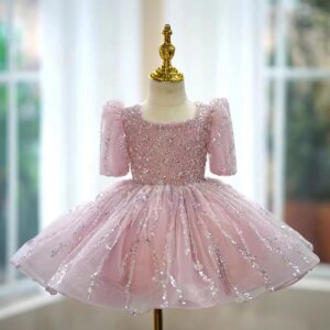 Dreamy Vow Adorable Square Collar Sequined Tulle Girl Dress for Kids Eid al-Fitr Wedding Birthday Party Summer Ball Gown J793