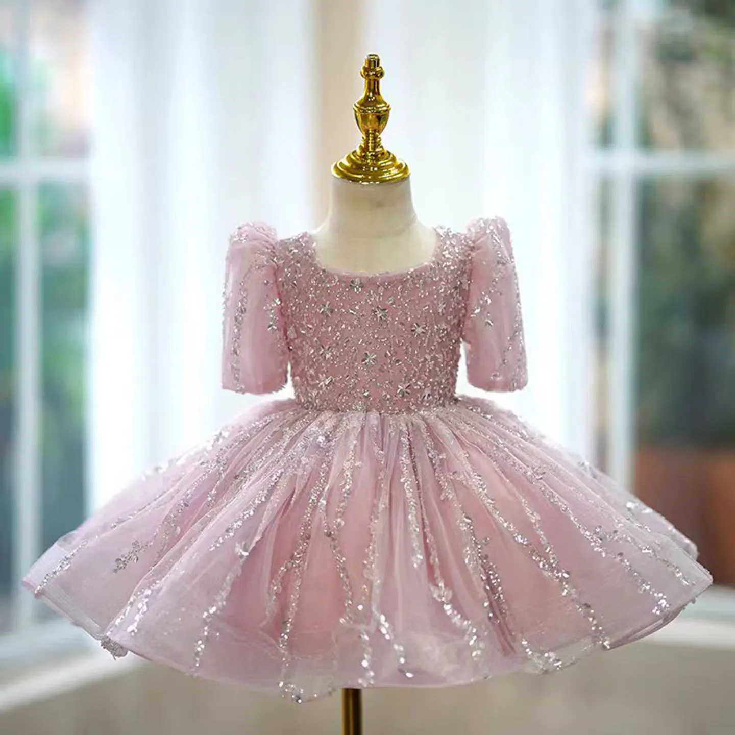 Dreamy Vow Adorable Square Collar Sequined Tulle Girl Dress for Kids Eid al-Fitr Wedding Birthday Party Summer Ball Gown J793