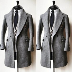 Gray Cotton Mens Overcoat Tweed Wool Winter Warm Groom Coat Outdoor Wear Long Jacket One Piece