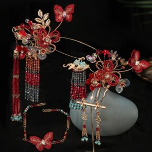 Bridal Xiuhe Dress Headdress Chinese Red Colored Glaze Flower Ancient Style Elegant High-Grade and Gown Hair Accessories