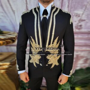 Latest Design Groom Wear Suits Gold Appliques Stand Collar Prom Blazer Custom Made Man Formal Party Tuxedo Slim Fit Men’s Dress