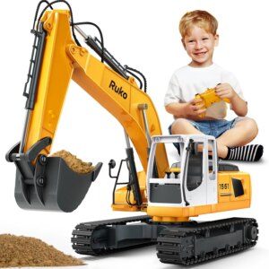 Excavator 3 in 1 Construction Toys for Boys, 17 Channel Remote Control Vehicles with Grab Alloy Shovel Drill, Realistic Lights &