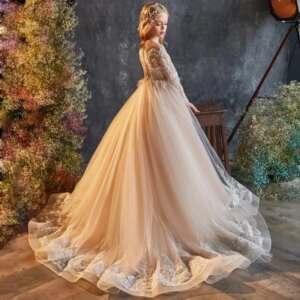 Champagne White Pattern Appliques Long Sleeve For Wedding Birthday Party Banquet Princess Gowns Customized Flower Girl Dresses