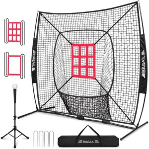 BAGAIL 7×7 ft Baseball and Softball Practice Net with Bow Frame for Batting Hitting Pitching Portable Baseball Throwing Net wit
