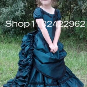 Teal Blue Victorian Flower Girls Dresses Beaded Stain customsized Skirt Cosplay Costume Halloween Girl’s Party Birthday gown