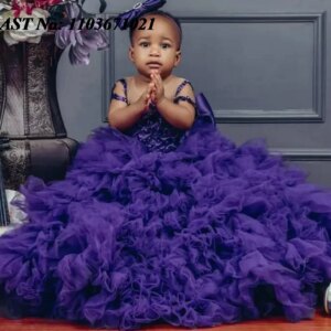 EVLAST Customized Purple Ruffles Flower Girls Dress for Weddings Crystal Beaded Tiered Bow Girls Pageant First Communion FD73