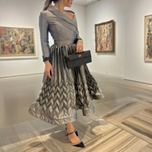 Silver Mother of the Bride Gowns Formal Dresses for Women Short Unique Neck Elegant Long Sleeves Pleated Groom’s Mother Dress