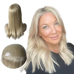 16 inches Indian Virgin Human Hair Systems Silky Straight Blonde Color 613# Poly Skin Unit 7.8×9.8 Knots PU Topper for White Wom