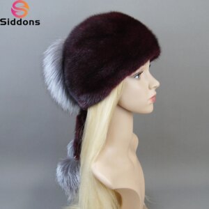 Women Winter Real Mink Fur Hats Russian Female Fur Hat With Ears Knit Beanie With Pom Poms Newsboy Caps Ladies High Elastic Hat