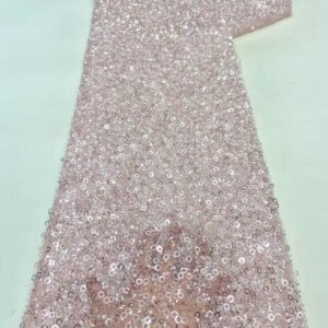 Fashion Elegant French Mesh Beads Embroidery Sequins Lace Fabric African Nigerian Beaded Lace Fabrics For Wedding Dress Women