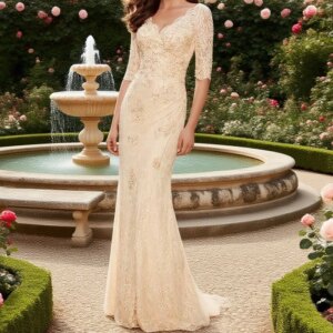Champagne Mother of the Bride Dresses Long Elegant Beaed Sequined Pleats V-Neck Mermaid Groom Wear Half Sleeve Lace Formal Gowns
