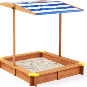 Kid’s Sandbox with Cover, 46”x46” Outdoor Wooden Sandpit w/Adjustable Canopy for Backyard Play