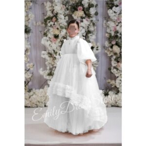 Customized Pink Tulle Flower Girl Dress For Wedding Pleated Lattern Sleeves Layered High Neck Kids Birthday Party Gown