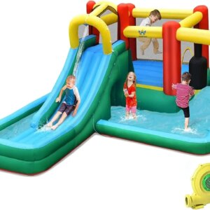 Inflatable Water Slide, Kids Water Slide Bounce House with 735w Blower, Wet Dry Combo for Outdoor, Hide&Seek Cave, Splash Pool