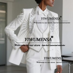 Sparkling Beaded Crystals Women Suits 3 Pieces Sets Sequins Lapel Party Blazers Customized Mother Of The Bride Dress Lady Gowns