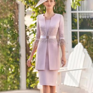 Lavender Mother of the Bride Dress with Jacket 3/4 Sleeves Knee Length Wedding Guest Gowns for Women Satin Column Formal Dresses