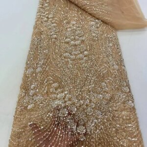 2025 Latest African Beaded Lace Fabric Gold Embroidery French Mesh Sequins Lace Fabric Nigerian Tulle Laces For Party Dresses