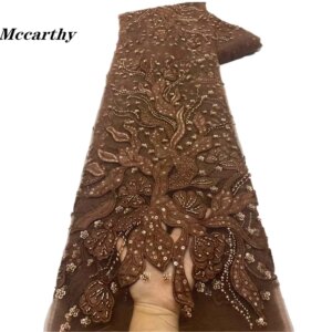 Brown Sequin Lace Fabric 5 Yards Party Bridal Dubai Handmade Crystal Beads New High Quality Luxury African Beaded Tulle Sequence