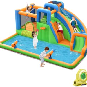 Inflatable Water Slide, 7 in 1 Giant Water Park Bounce House for Outdoor Backyard with 735W Blower, Splash Pool & Cannons, Climb