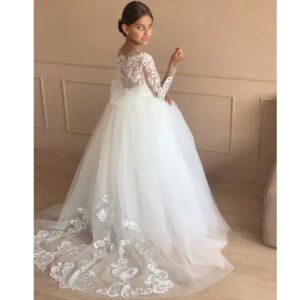 With Bow Long Sleeve For Wedding Birthday Party Banquet Holy Communion Gown Flower Girl Dresses White Tulle Flory Appliques